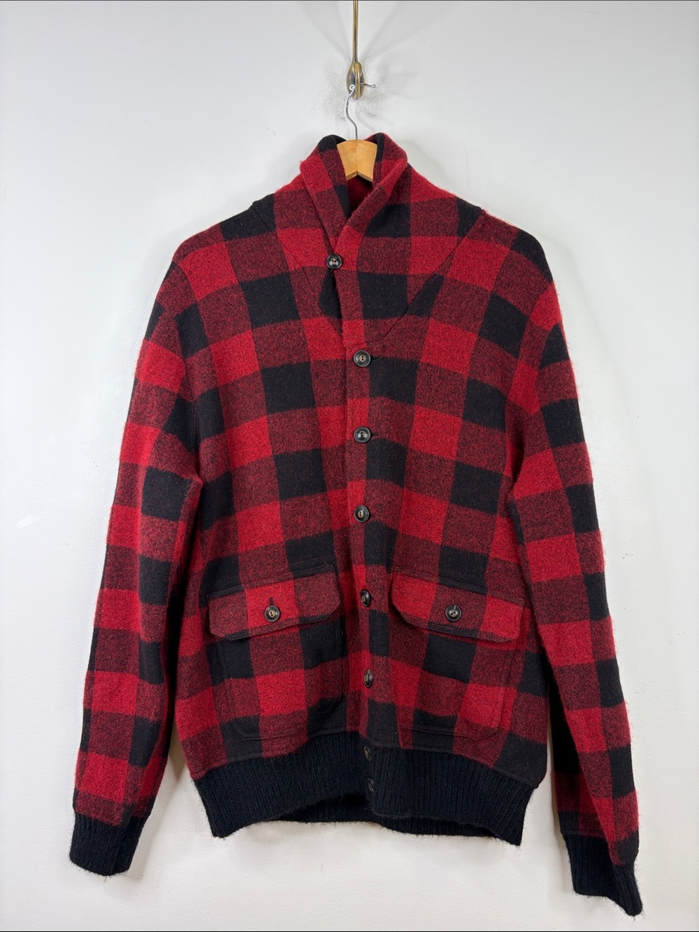 Polo Ralph Lauren Sweater Mens Large Red Black Buffalo Plaid Lambswool Cardigan